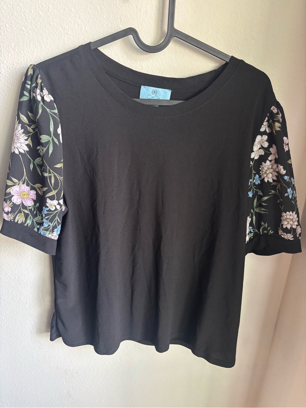 CeCe Black Tee with Floral Puff Short Sleeves